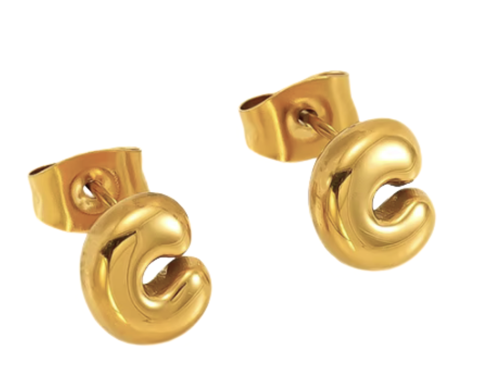 Bubble Letter Mini Initial Stud Earring Steel 18K Gold