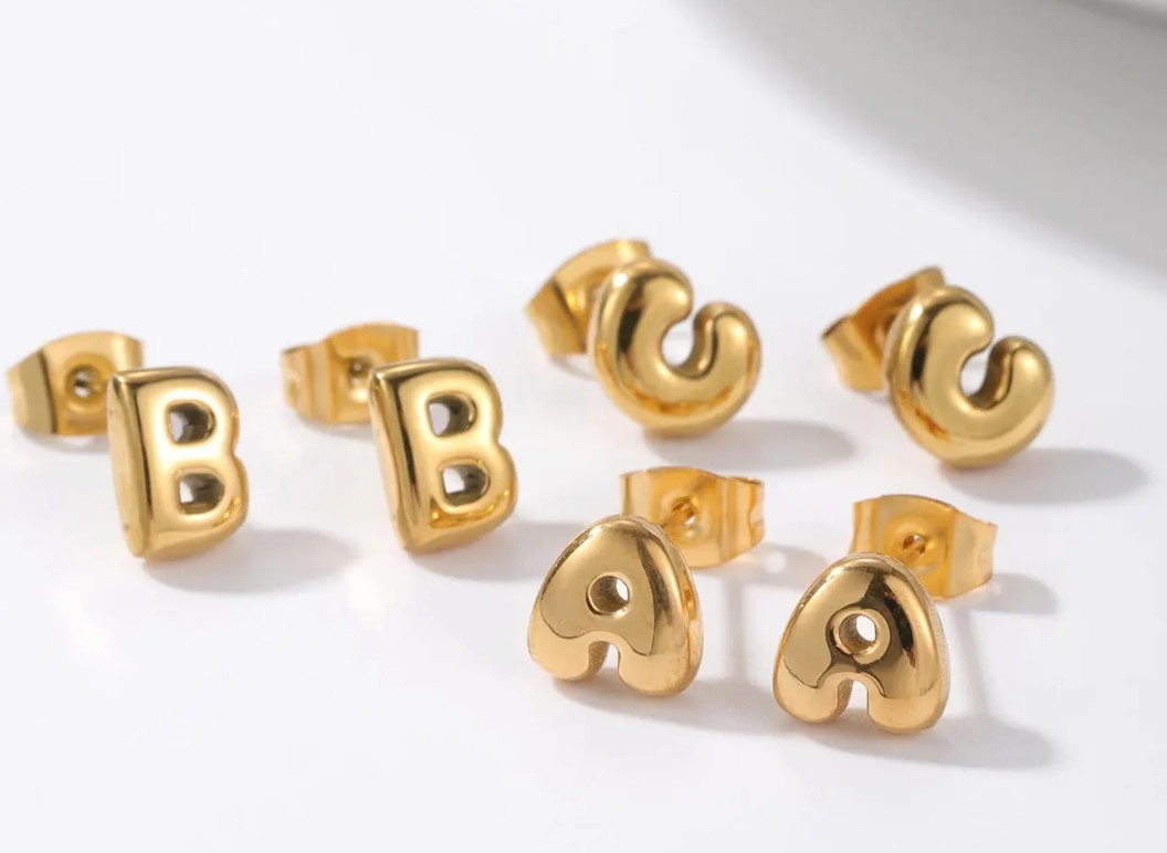 Bubble Letter Mini Initial Stud Earring Steel 18K Gold