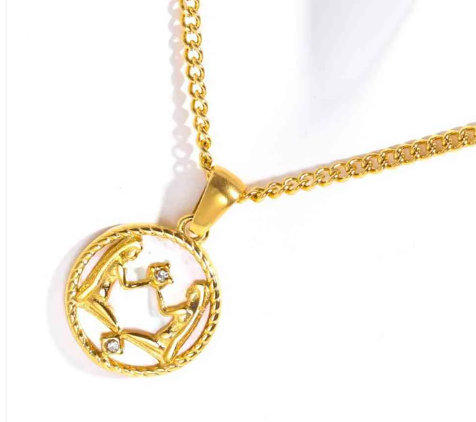 Gemini-Astrological Zodiac-Gold Mother of Pearl Steel