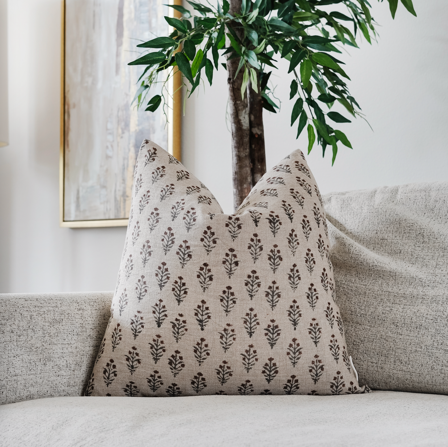 Modern Floral Block Print Pillow Cover Neutral Linen Throw