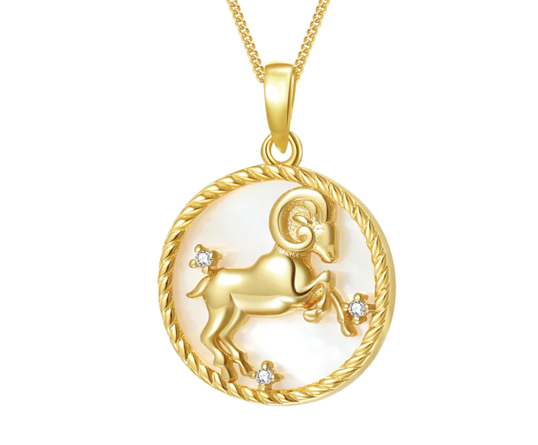 Aries- Gold Mother of Pearl Steel Astrological Zodiac