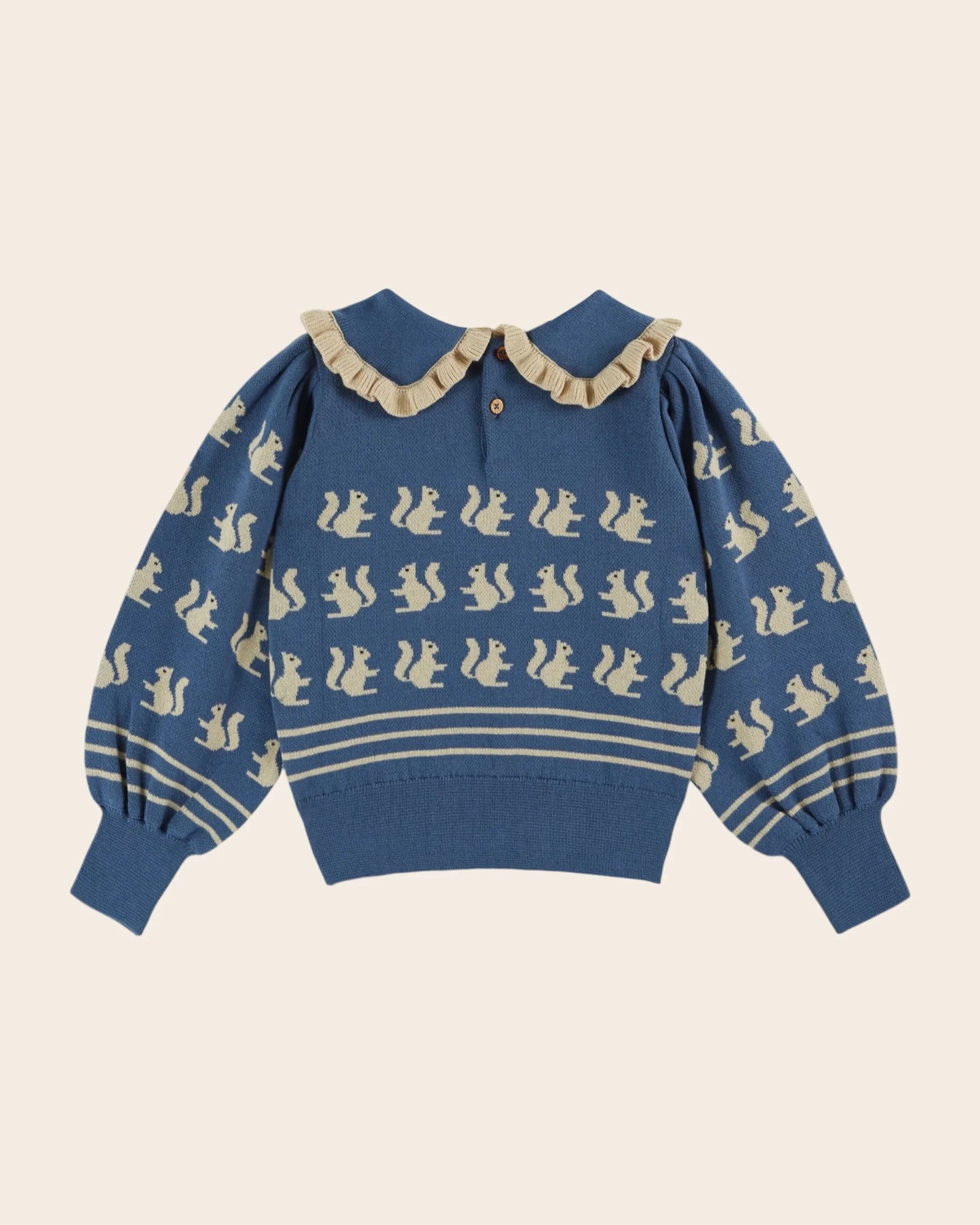 Blue organic cotton squirrel jacquard sweater