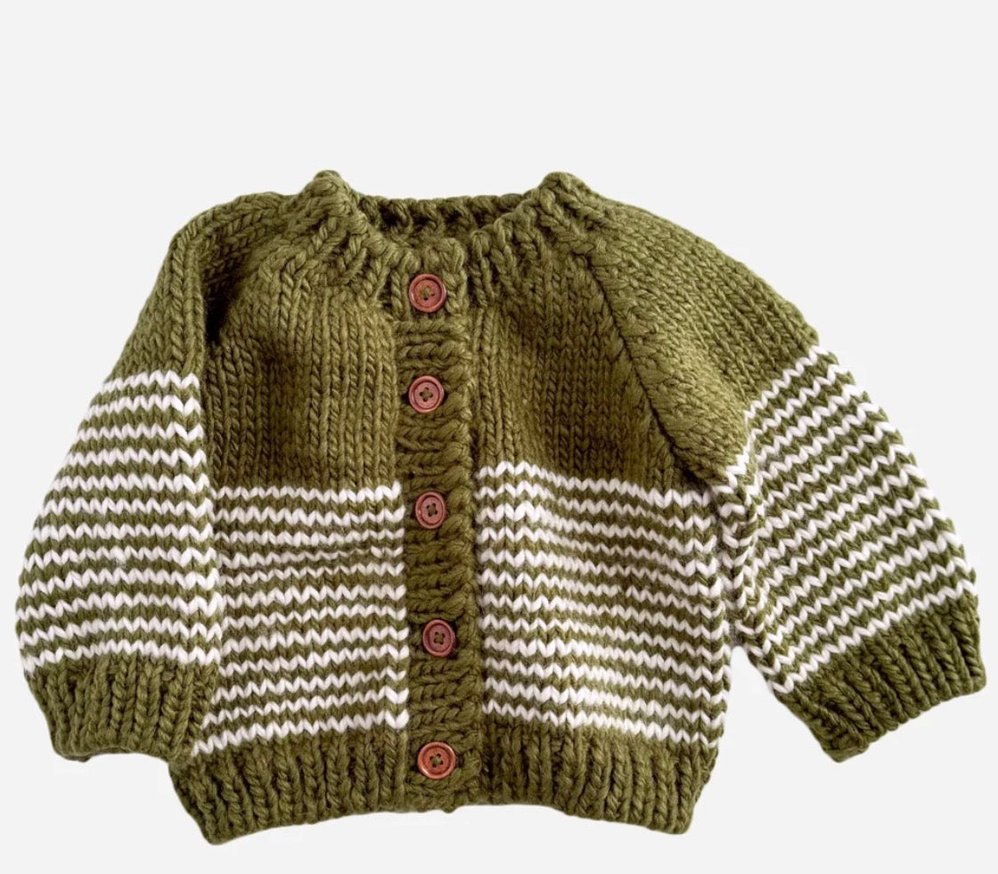 The Blueberry Hill Stripe Cardigan - Moss and Cream