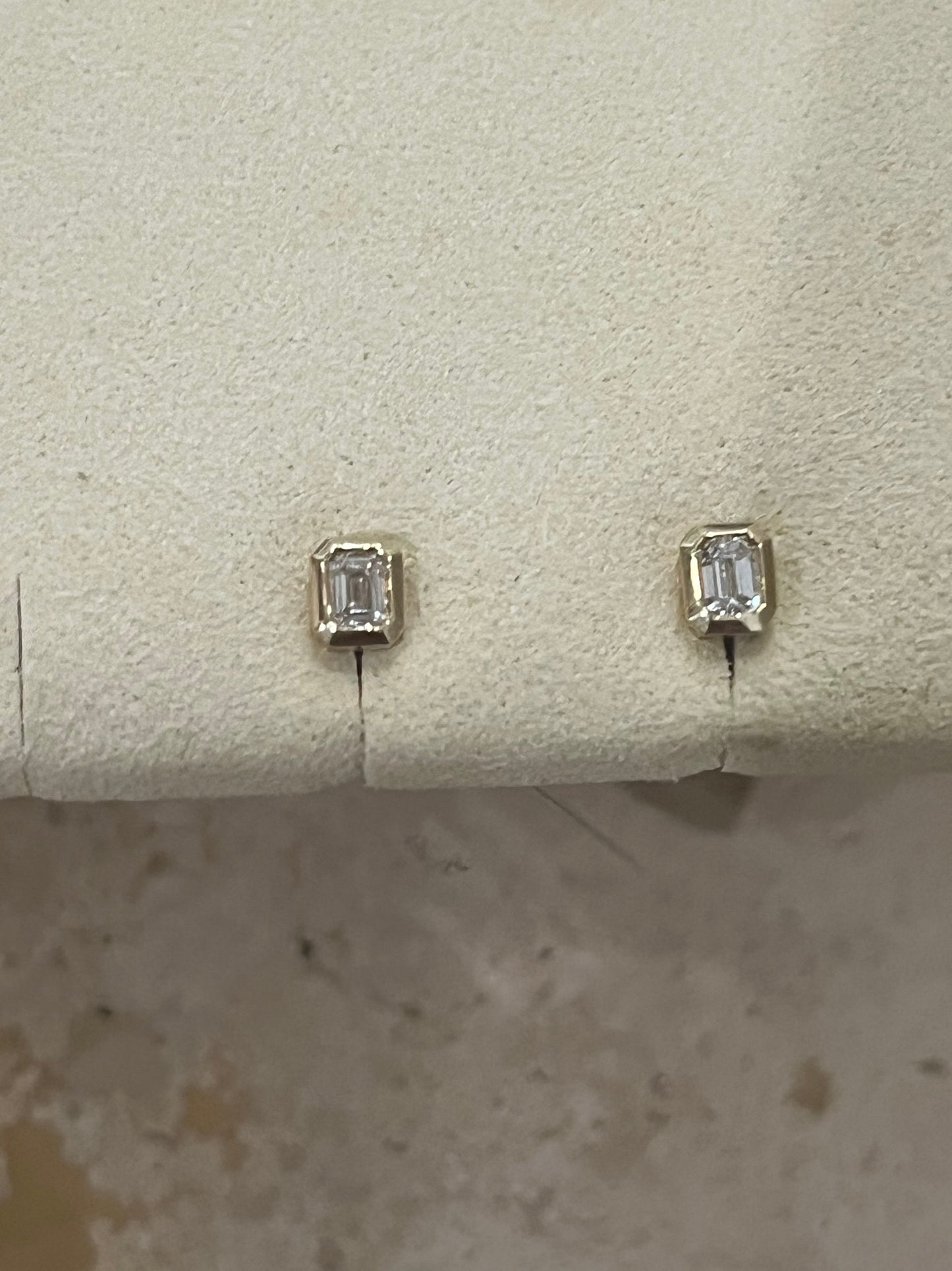 White Dimond Emerald Cut Bezel Stud
