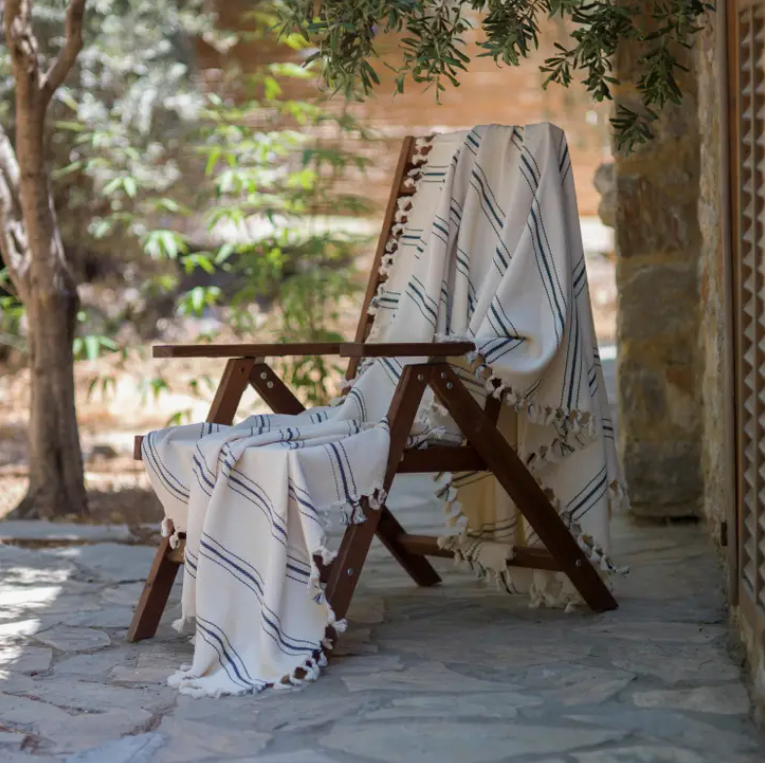 Striped Throw/Blanket-Natural-Marine