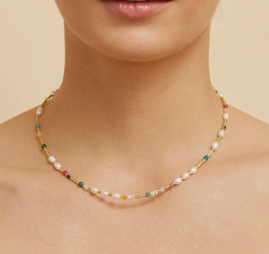 Clover Gemstone and Pearl Necklace