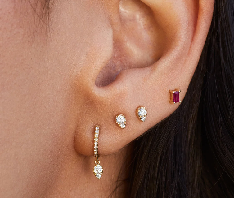 DIAMOND MINI HUGGIE WITH DIAMOND TEARDROP DROP EARRING