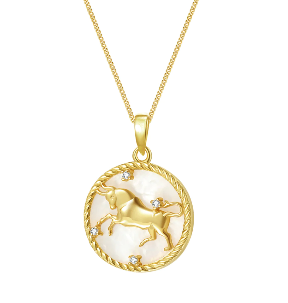 Taurus- Astrological Zodiac-Gold,Mother of Pearl Steel