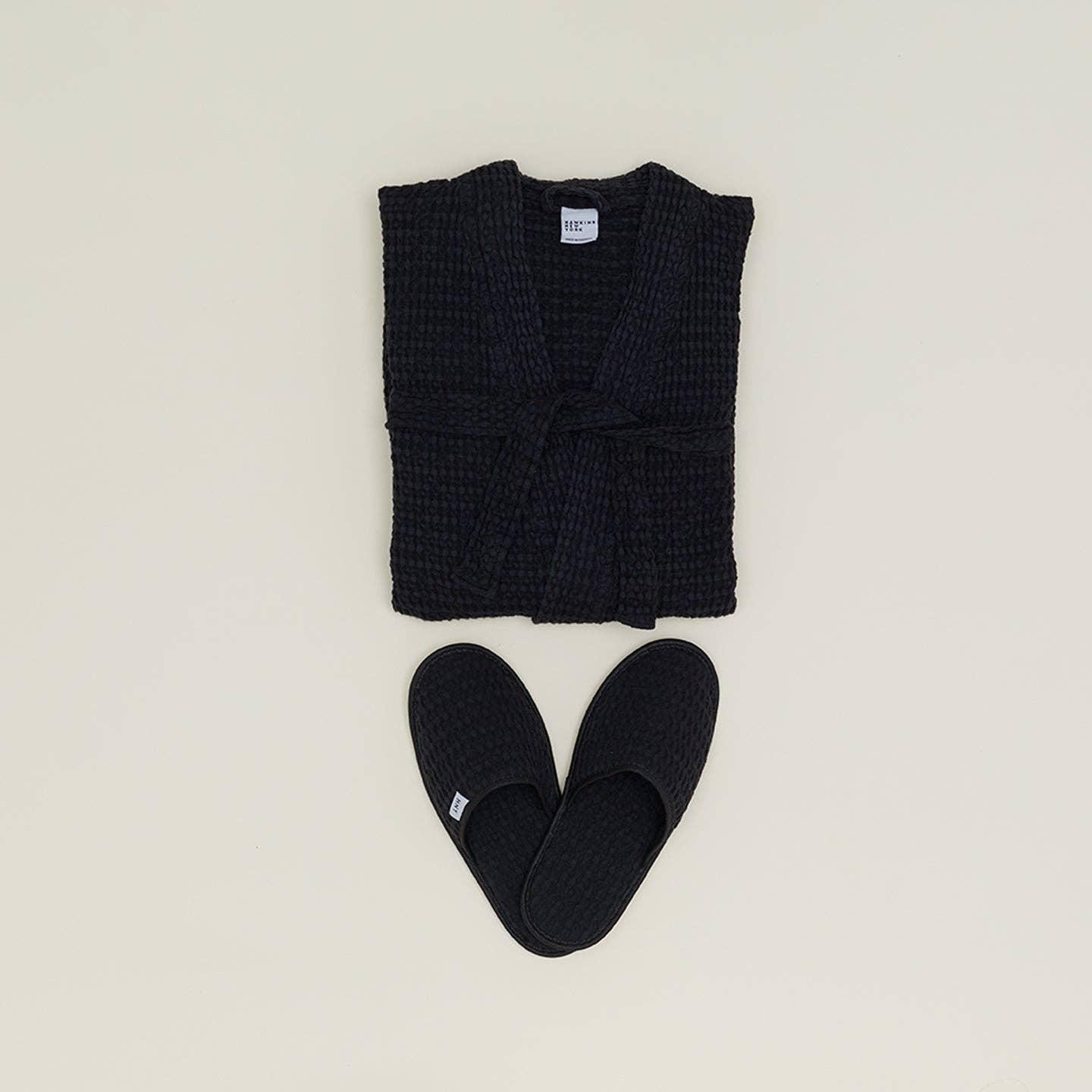 SIMPLE WAFFLE BATHROBE - BLACK