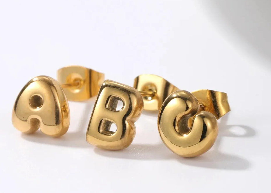 Bubble Letter Mini Initial Stud Earring Steel 18K Gold