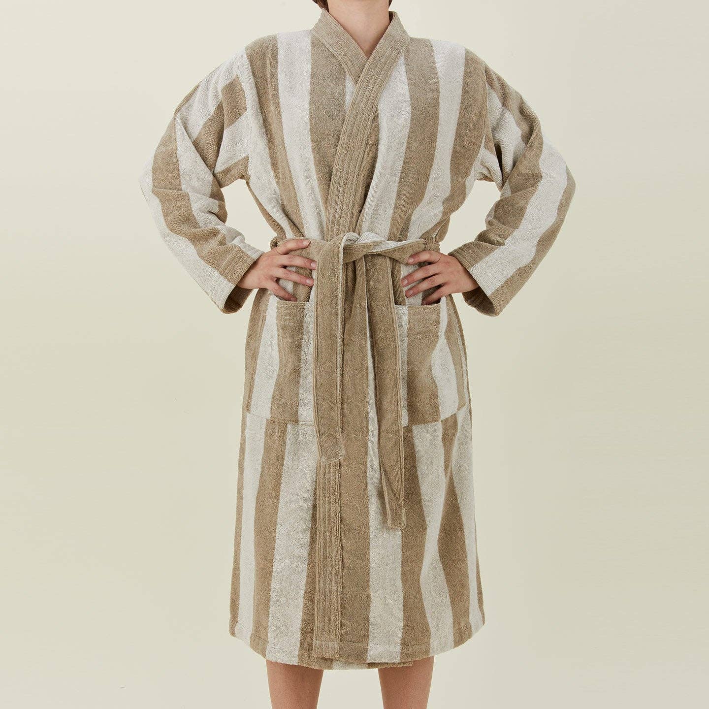 Simple Striped Terry Bathrobe- Ivory/Flax