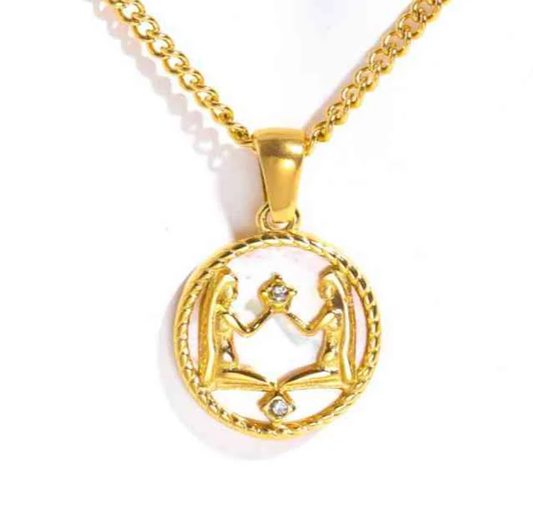 Gemini-Astrological Zodiac-Gold Mother of Pearl Steel