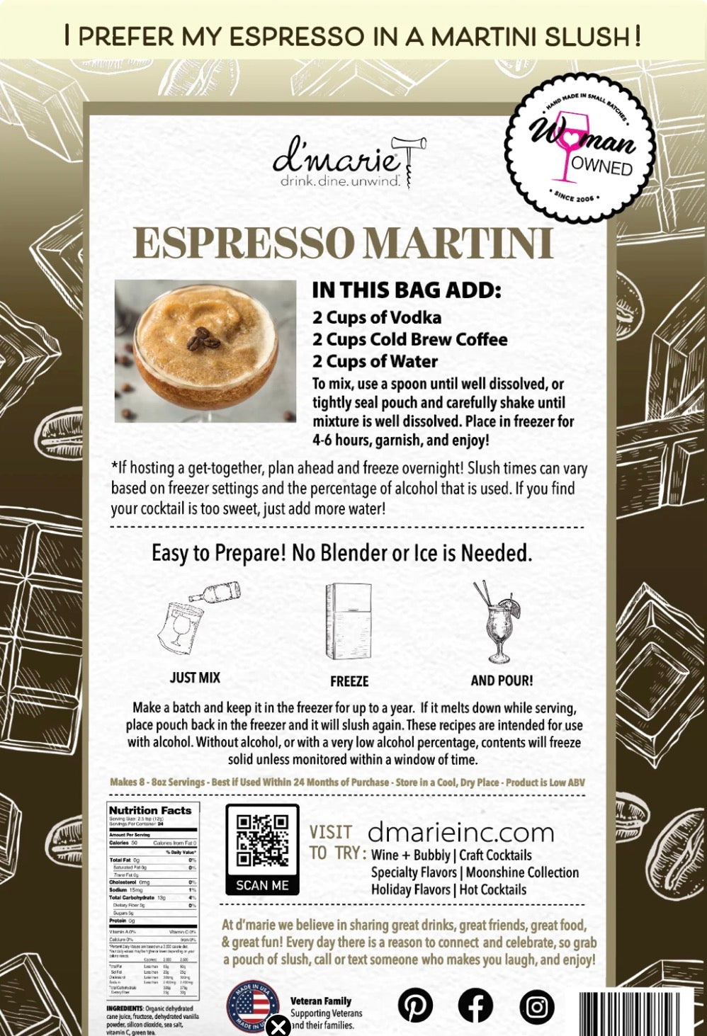 D’Marie Espresso Martini 10 oz Slush Cocktail Mix