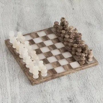 Brown and Ivory Onyx and Marble Chess Set