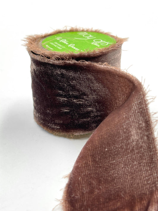 ~1 3/8 Inch Coffee Brown Frayed Silk Velvet Ribbon