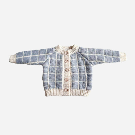 Windowpane Cardigan Baby Blue Boy Cream Checkered Sweater
