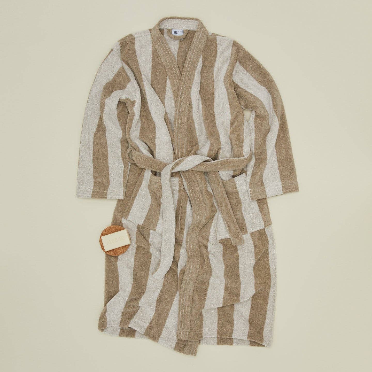 Simple Striped Terry Bathrobe- Ivory/Flax