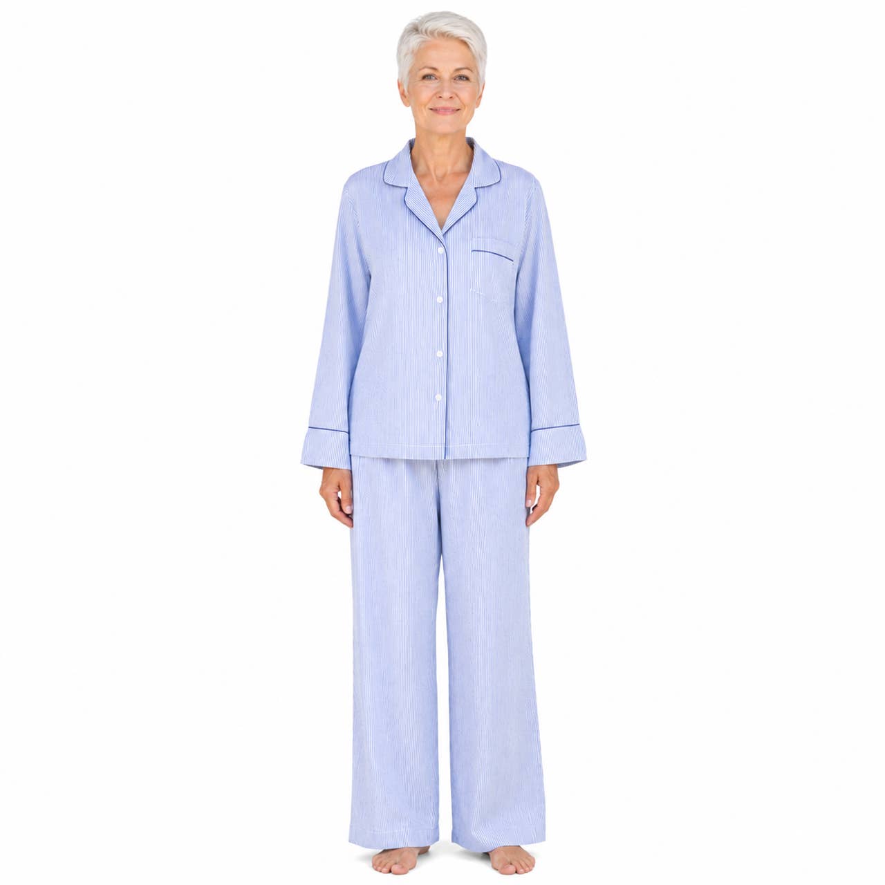 Blue Seersucker-Navy Long Sleeve Pajamas