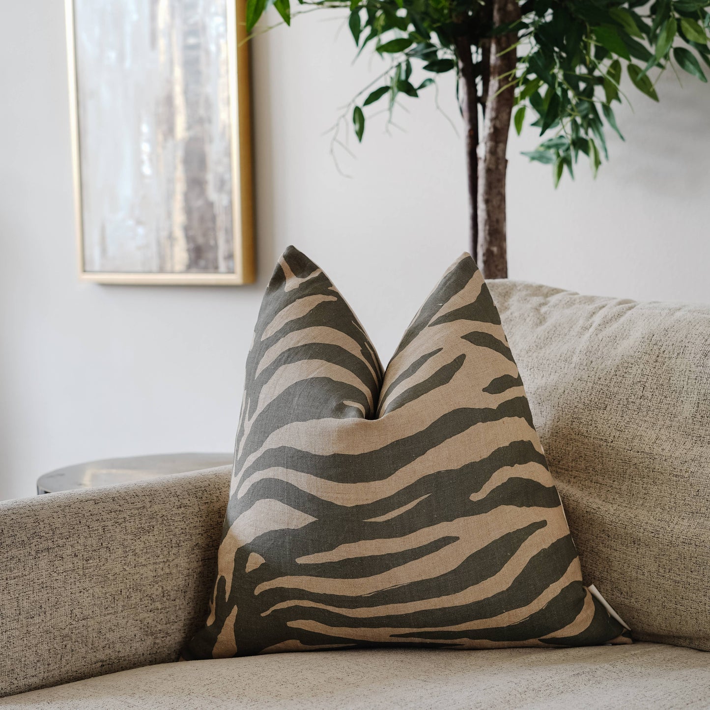 Green Beige Stripe Pillow Cover – Abstract Linen Cushion