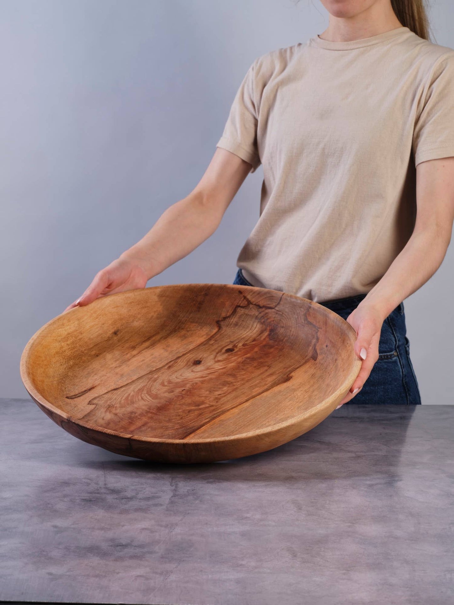Large 18 inch Shallow Textured Serving Wood Bowl
