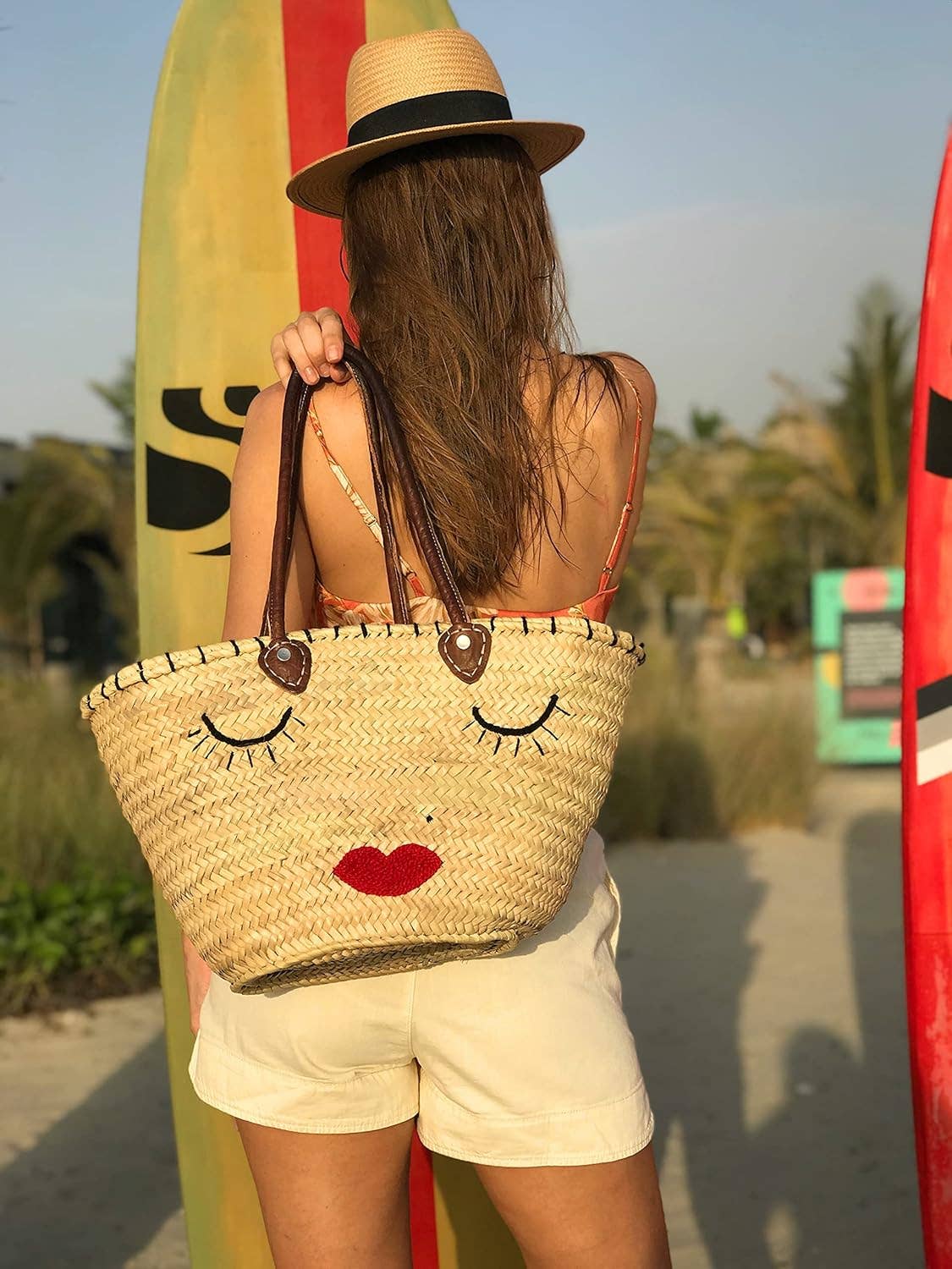 Handwoven Straw Market Basket Bag with Leather Handles