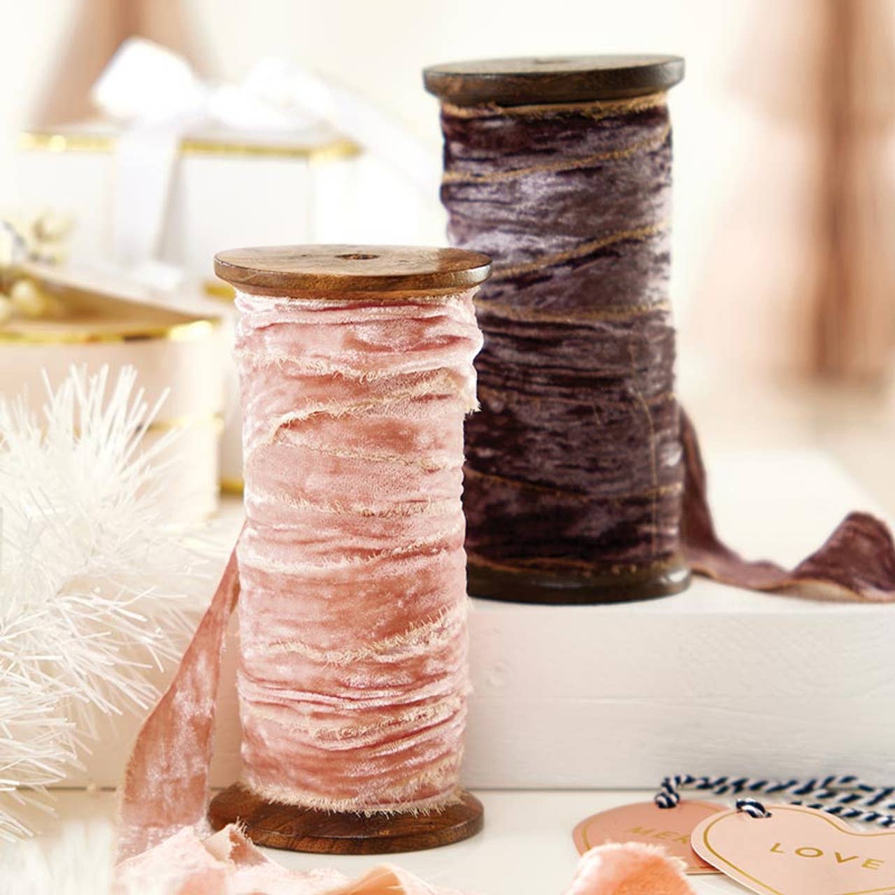 Frayed Velvet Spools - Light Brown