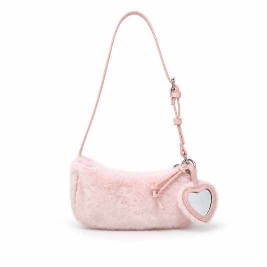Kids Fuzzy Shoulder Bag with Heart Mirror Charm