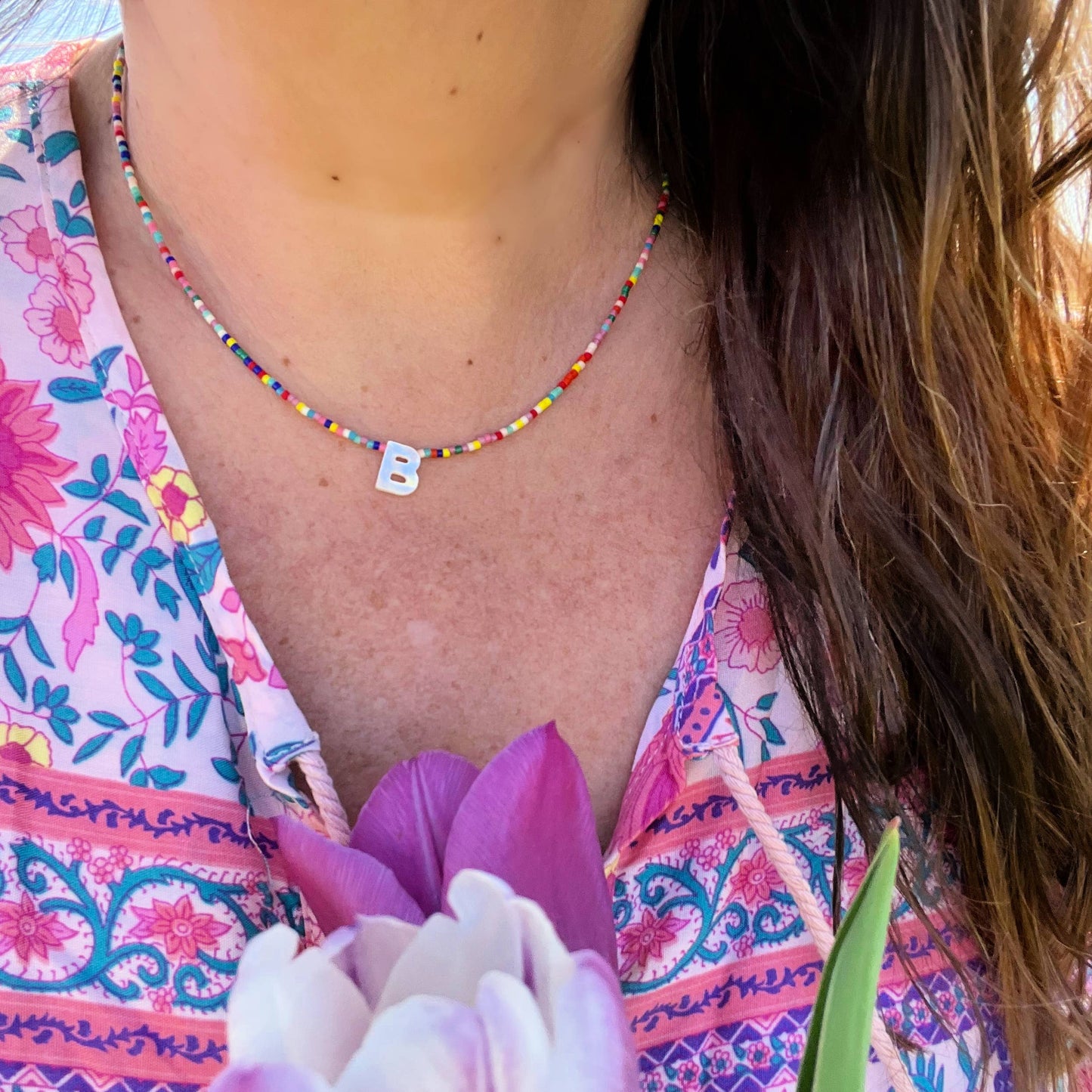 Initial Letter Mother-of-Pearl Beaded Necklaces