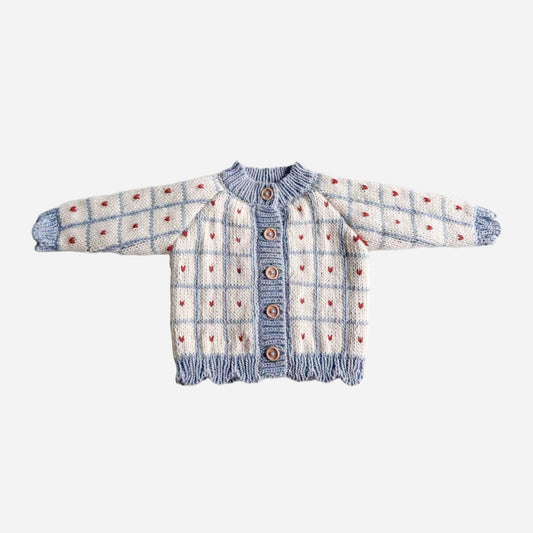 Windowpane Heart Cardigan Blue Checkered Fall Retro