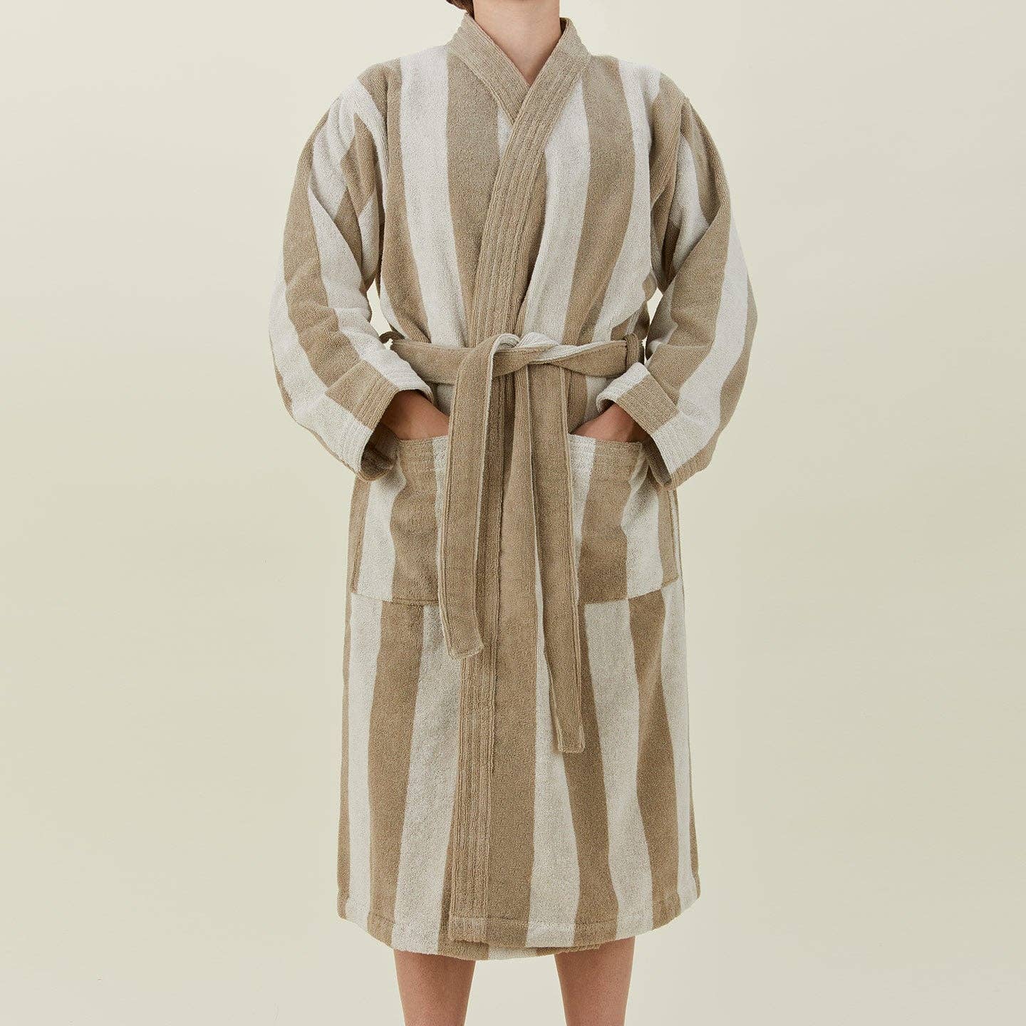 Simple Striped Terry Bathrobe- Ivory/Flax