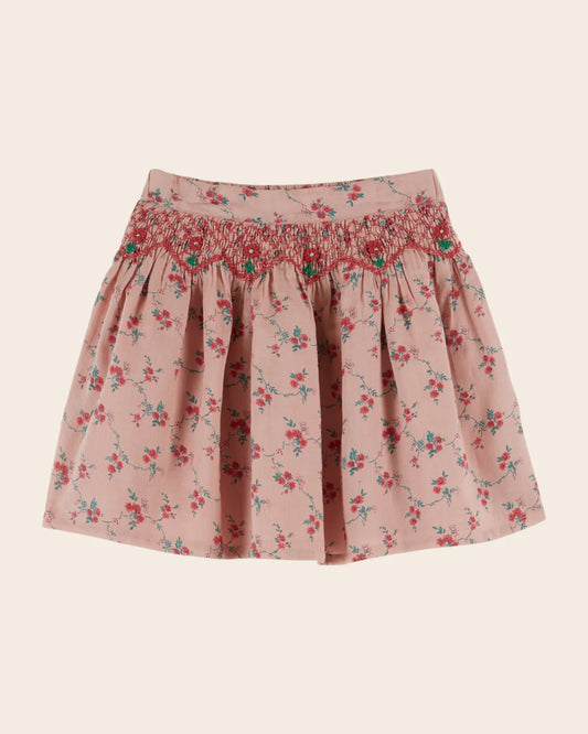 Gathered pink skirt with red flowers