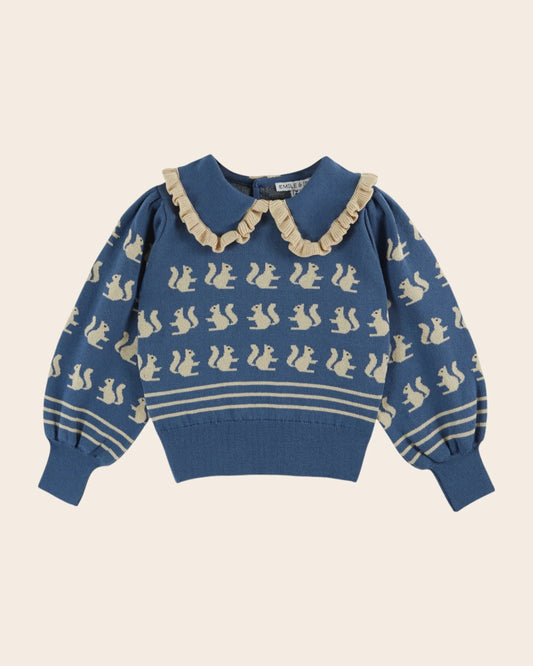 Blue organic cotton squirrel jacquard sweater