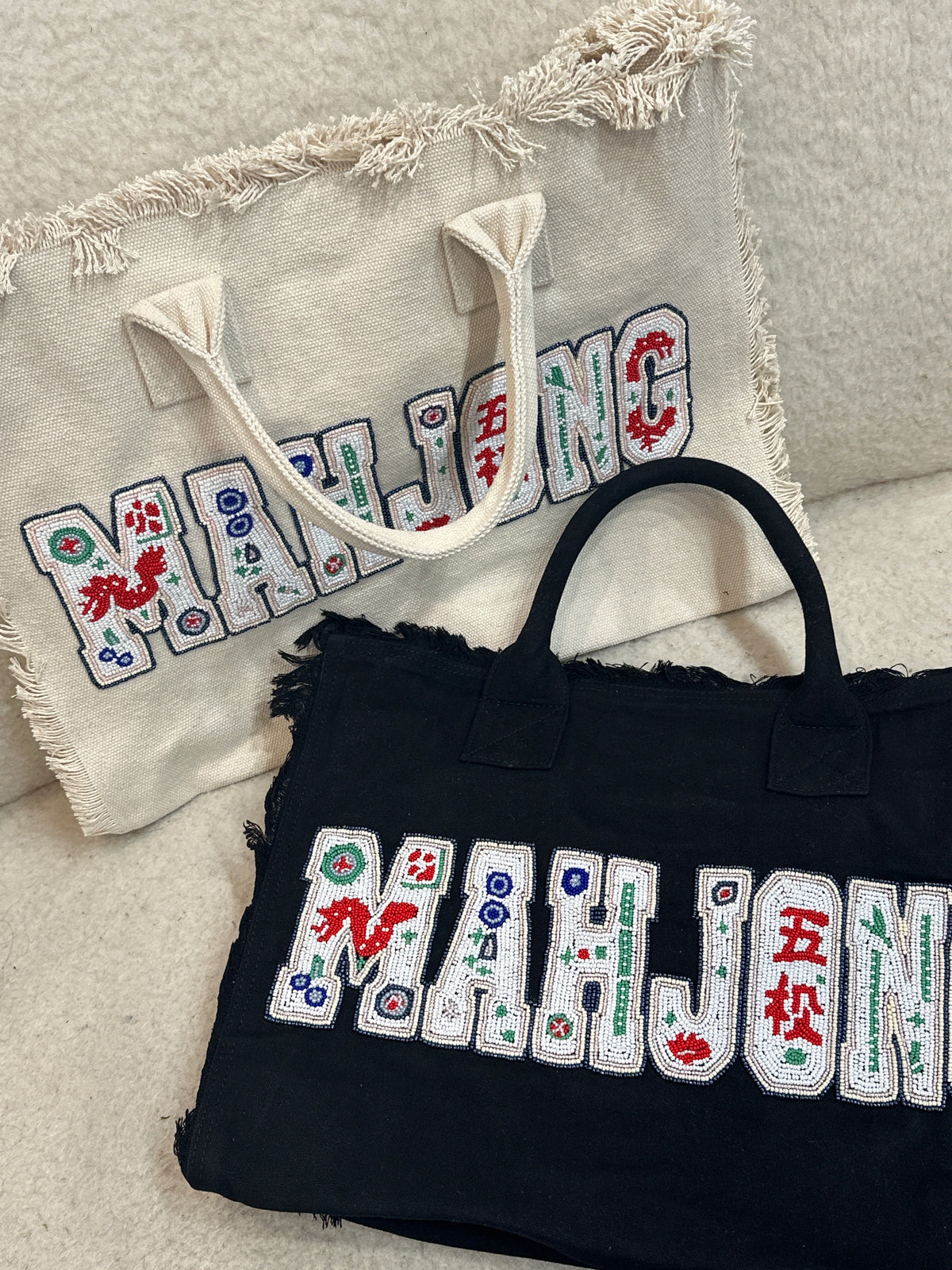 Mahjong Bead Embroidered Canvas Tote
