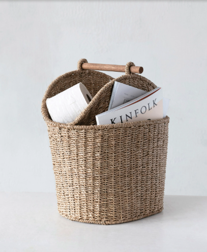 Hand-Woven Bankuan Toilet Paper/Magazine Basket with Wood Handle