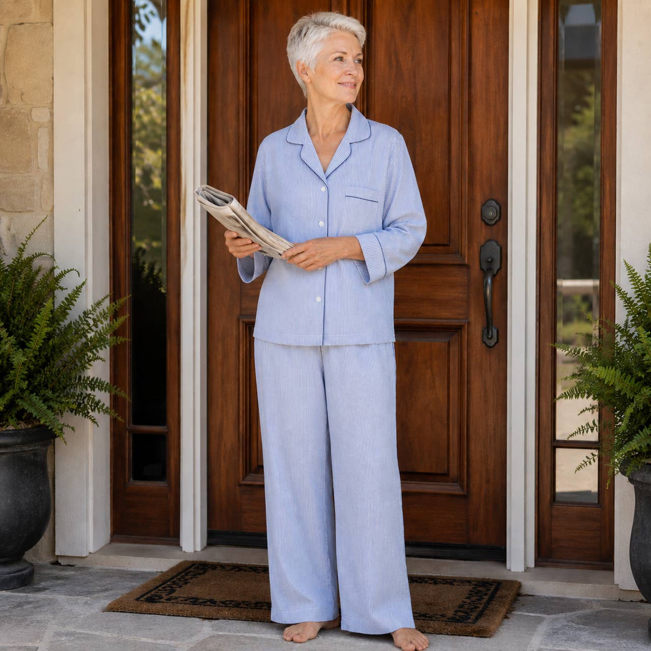 Blue Seersucker-Navy Long Sleeve Pajamas