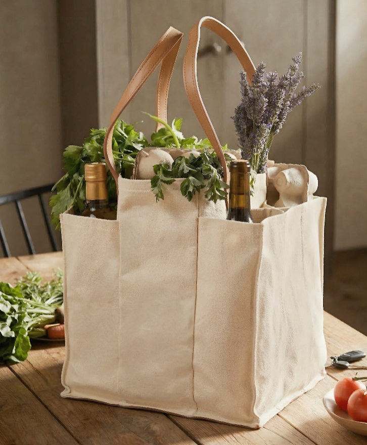 Deluxe Canvas Market Tote with Genuine Leather