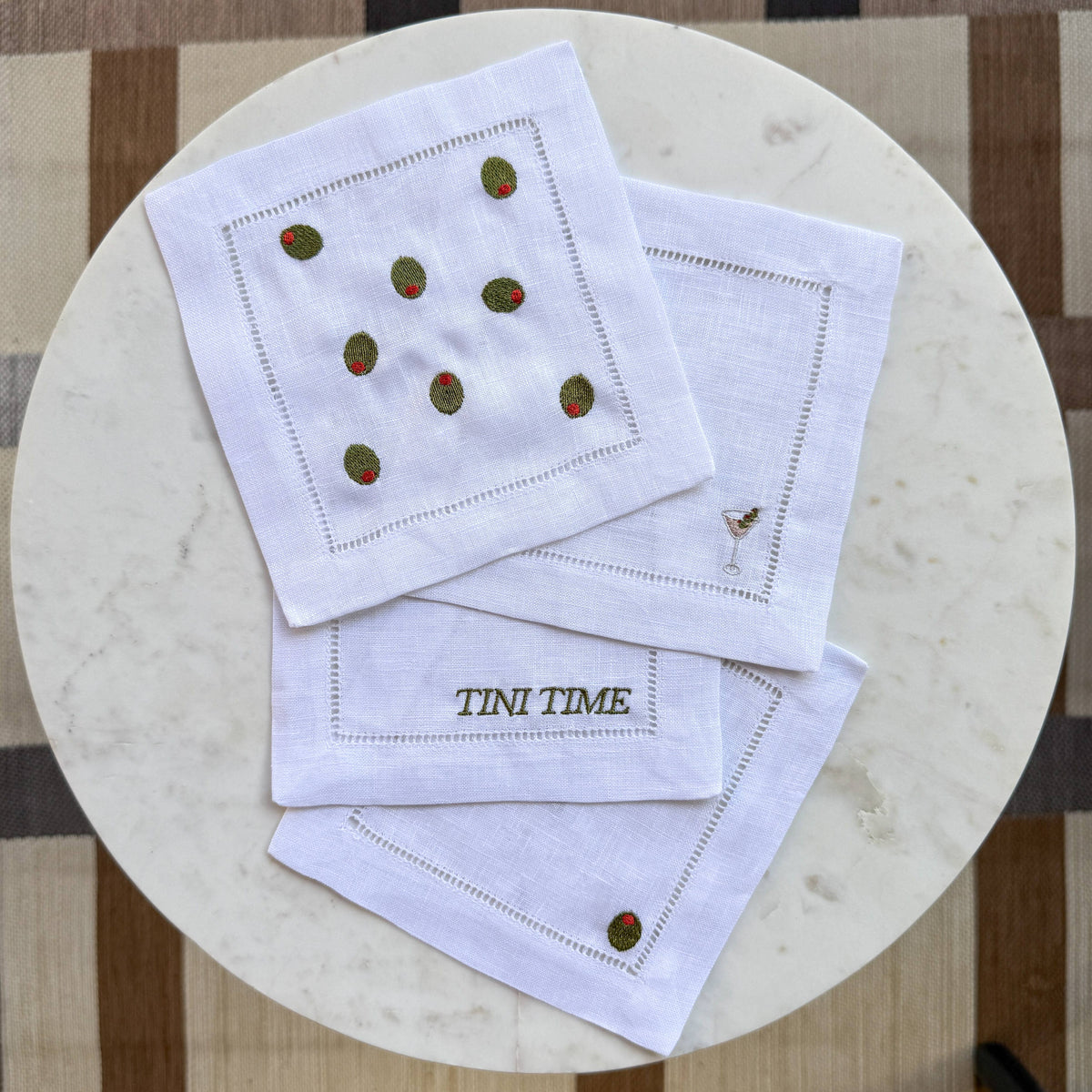 Olive Martini Embroidered Cocktail Napkin Set