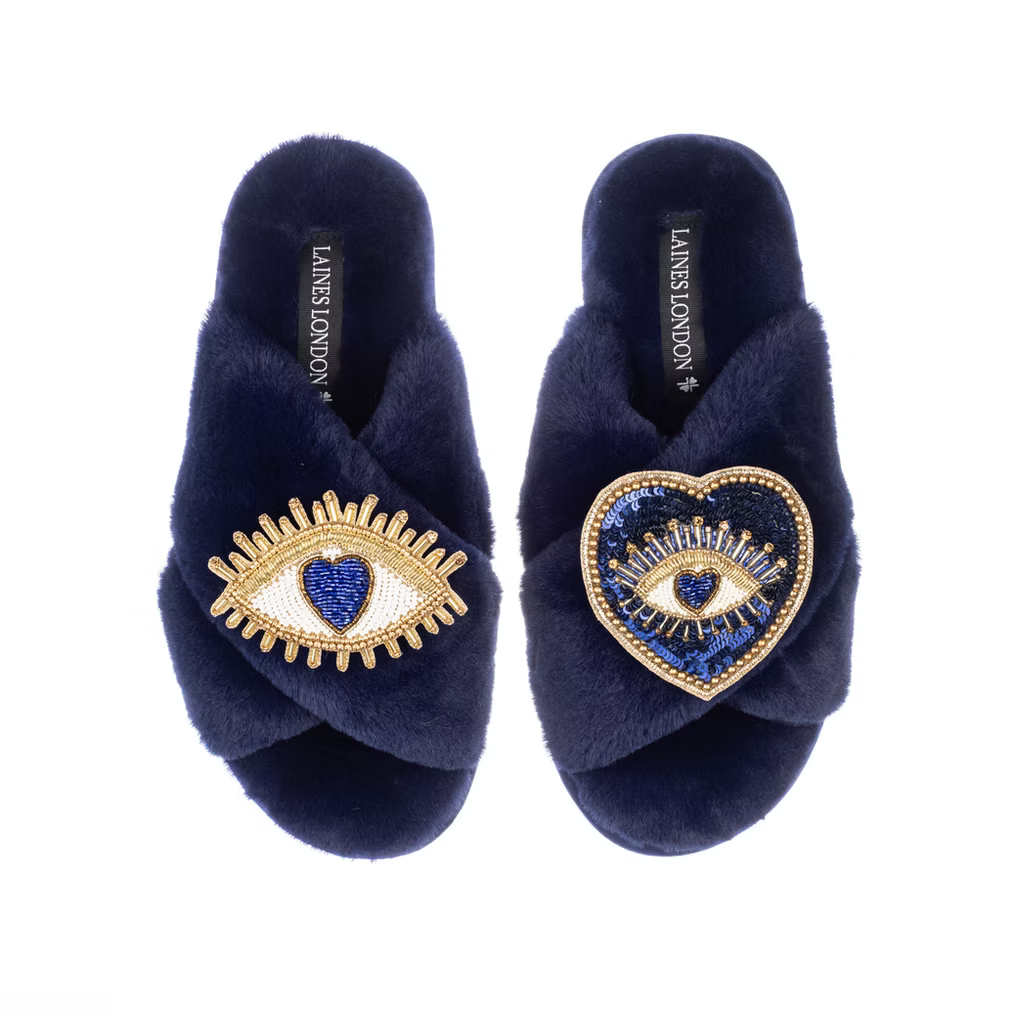 Slippers With Double Blue Heart & Love Eye Brooches