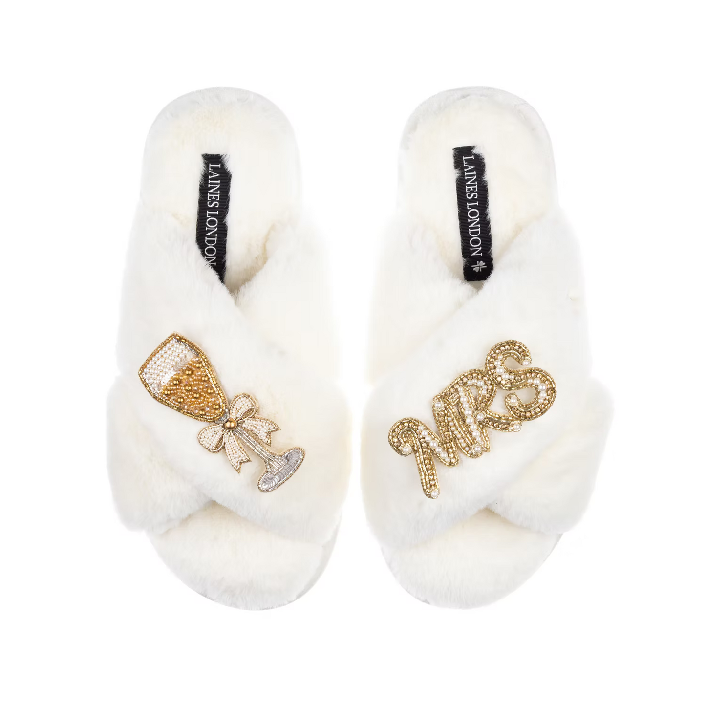 Classic Laines Slippers With Wedding Champers & Mrs Brooches