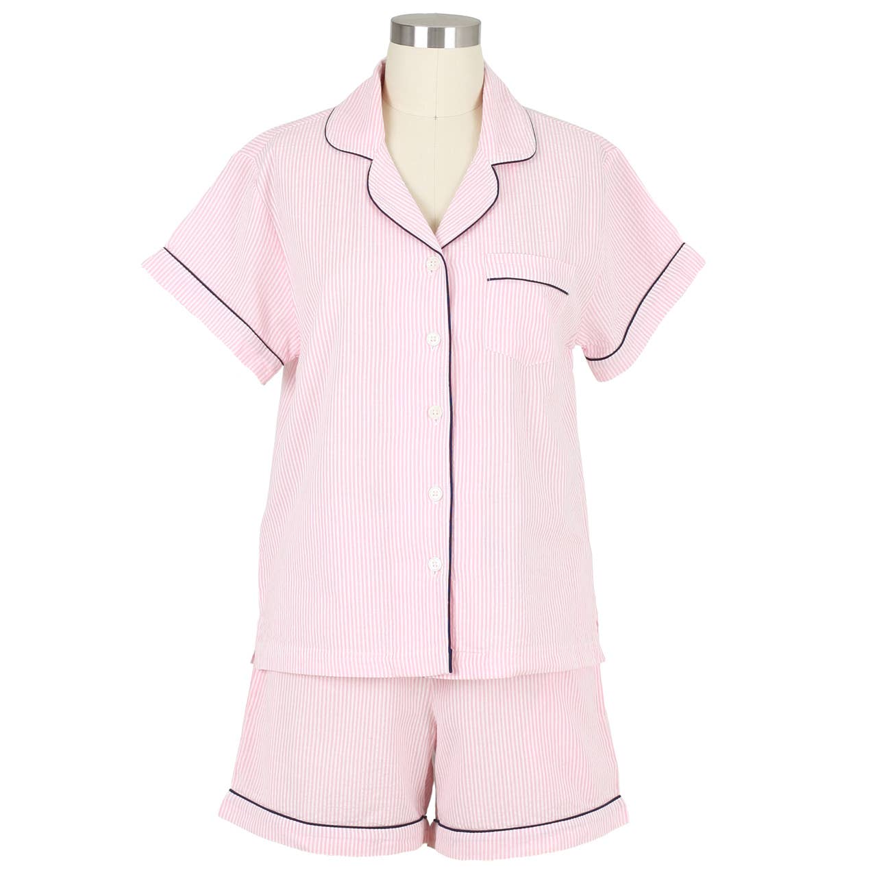 Pink Seersucker-Navy Short Sleeve Shorty Pajamas