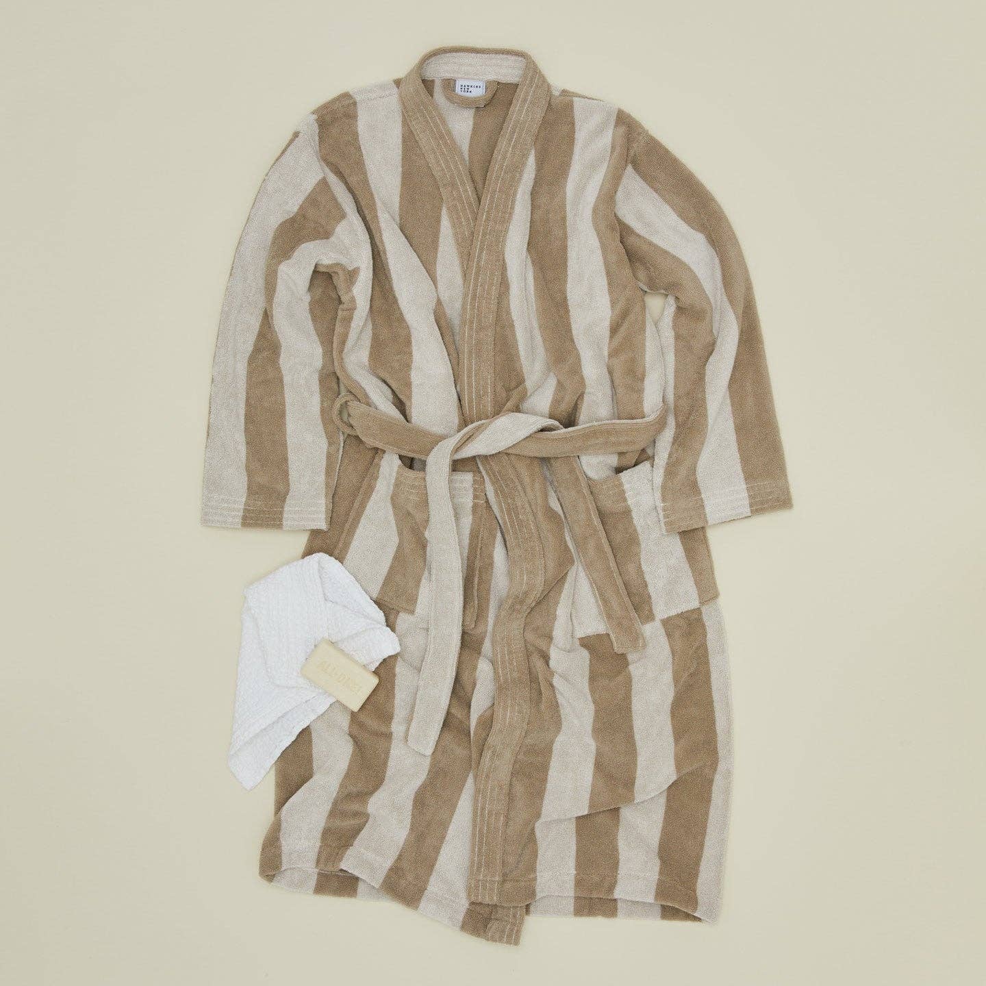 Simple Striped Terry Bathrobe- Ivory/Flax