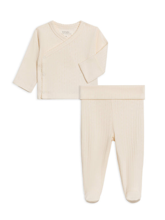 Colored Organics 2-Piece Lacey Brushed Back Pointelle Kimono Top and Pant Set